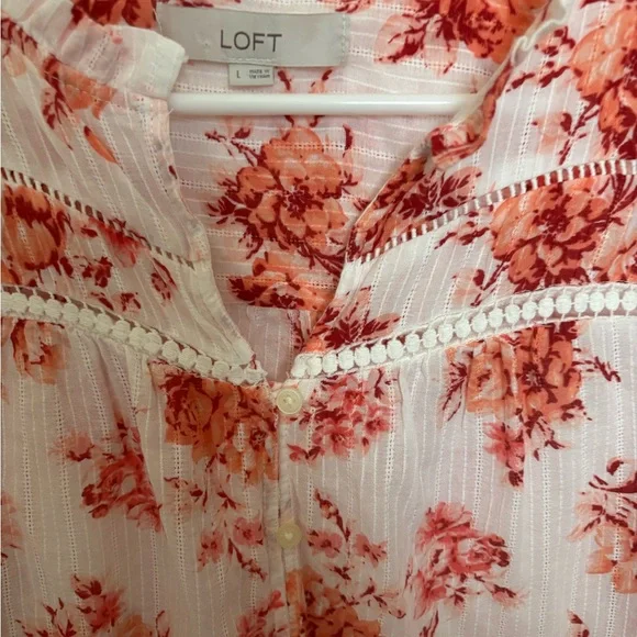 LOFT White and Coral Cream Ruffled Bib Collar Blouse - Picture 2 of 2